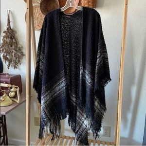 Anthropologie Black and Cream Fringe Poncho Sweater